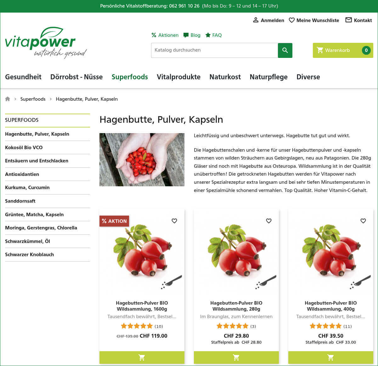 Hagebuttenpulver und Kapseln im Vitapowershop bestellen, kaufen